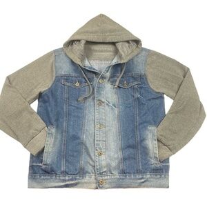 Ring Of Fire Jacket Size Large Blue and Gray Denim With Hood Urban Streetwear